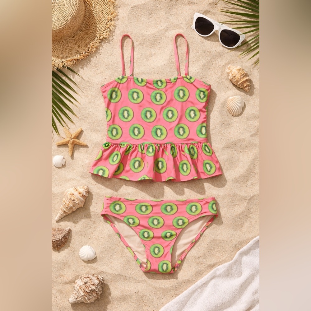 Crewcuts J.Crew Kiwi Print Tankini Swimsuit Set Girls Size 16 Pink Ruffle